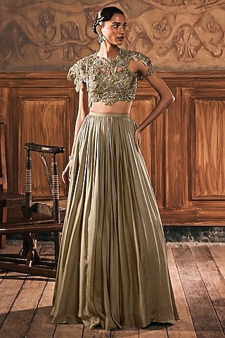 Sage Green Satin Skirt Set by Show Shaa