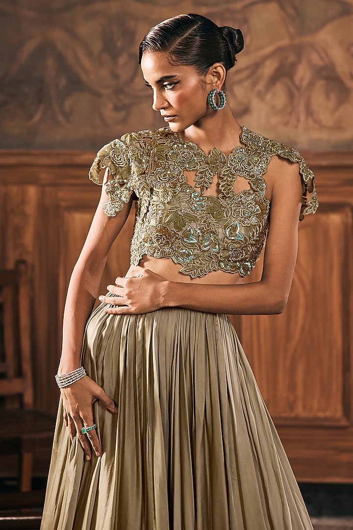 Sage Green Satin Skirt Set by Show Shaa at Pernia's Pop Up Shop