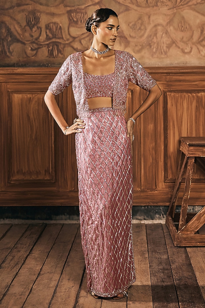 Dusty Rose Pink Net Hand Embroidered Skirt Set by Show Shaa at Pernia's Pop Up Shop