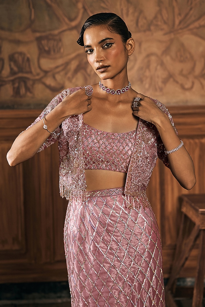 Dusty Rose Pink Net Hand Embroidered Skirt Set by Show Shaa at Pernia's Pop Up Shop