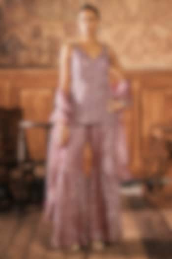 Dusty Rose Pink Organza Hand Embroidered Wedding Sharara Set by Show Shaa at Pernia's Pop Up Shop