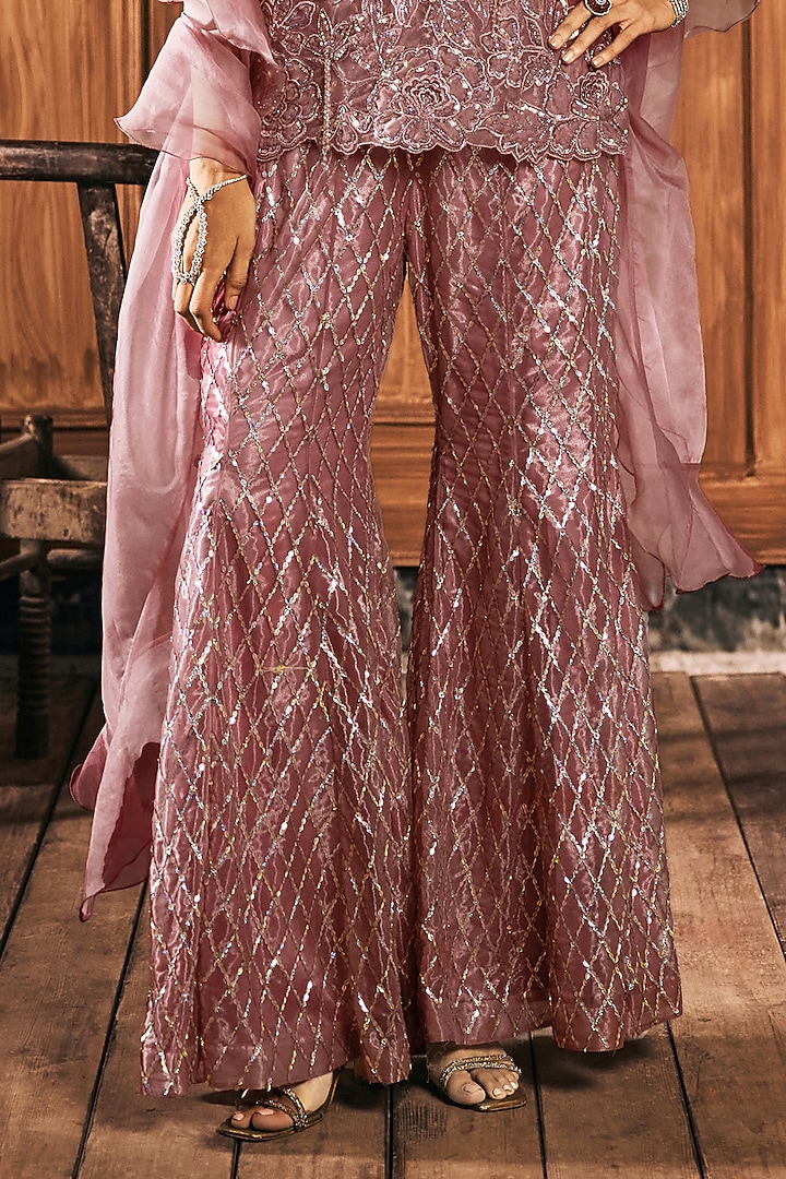 Dusty Rose Pink Organza Hand Embroidered Wedding Sharara Set by Show Shaa at Pernia's Pop Up Shop