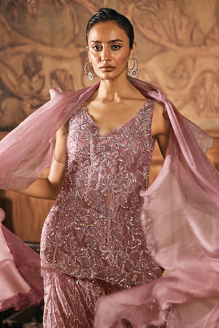 Dusty Rose Pink Organza Hand Embroidered Wedding Sharara Set by Show Shaa at Pernia's Pop Up Shop