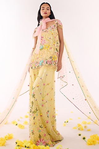 Yellow Net & Georgette Sequins Hand Embroidered Sharara Set by Show Shaa