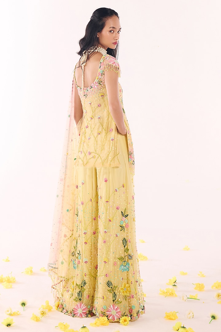 Yellow Net & Georgette Sequins Hand Embroidered Bridal Sharara Set by Show Shaa at Pernia's Pop Up Shop