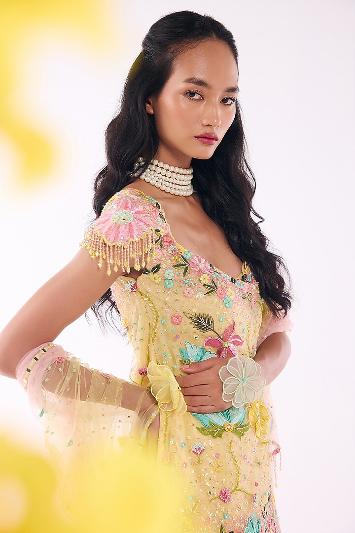 Yellow Net & Georgette Sequins Hand Embroidered Bridal Sharara Set by Show Shaa at Pernia's Pop Up Shop