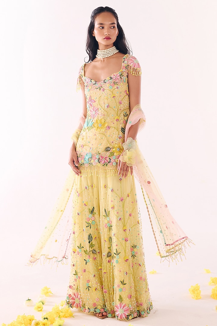 Yellow Net & Georgette Sequins Hand Embroidered Bridal Sharara Set by Show Shaa at Pernia's Pop Up Shop