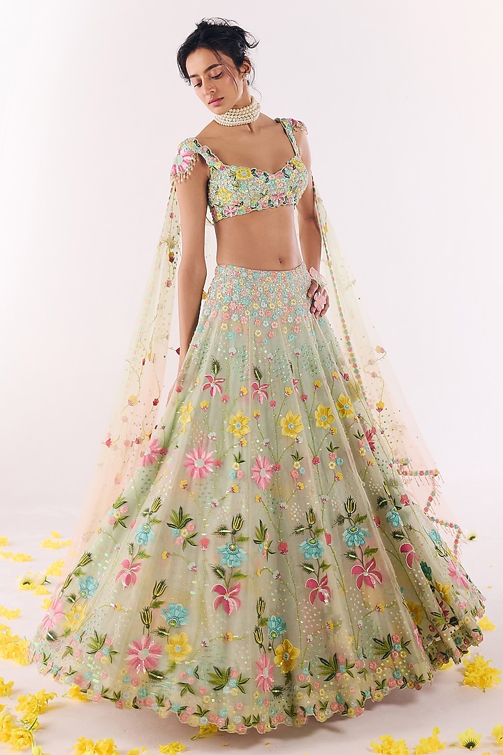 Green Net & Organza Hand Embroidered Bridal Lehenga Set by Show Shaa at Pernia's Pop Up Shop
