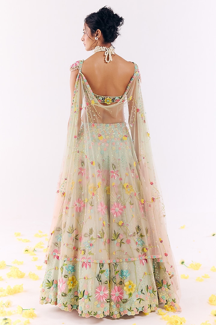 Green Net & Organza Hand Embroidered Bridal Lehenga Set by Show Shaa at Pernia's Pop Up Shop