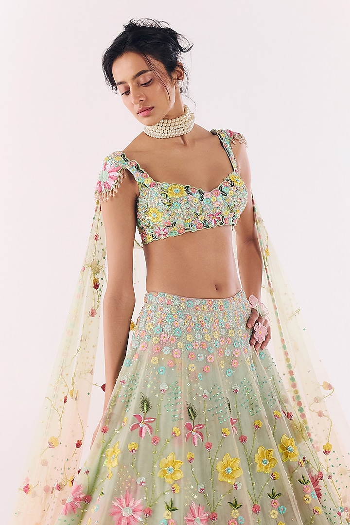 Green Net & Organza Hand Embroidered Bridal Lehenga Set by Show Shaa at Pernia's Pop Up Shop