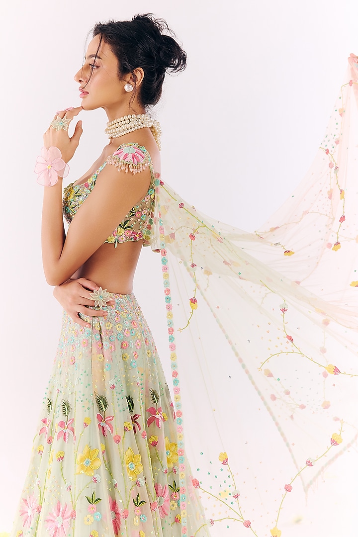Green Net & Organza Hand Embroidered Bridal Lehenga Set by Show Shaa at Pernia's Pop Up Shop