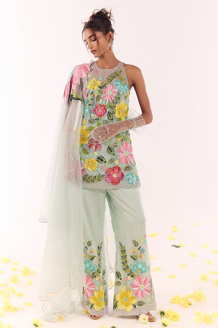 Powder Blue Organza Hand Embroidered Kurta Set by Show Shaa at Pernia's Pop Up Shop