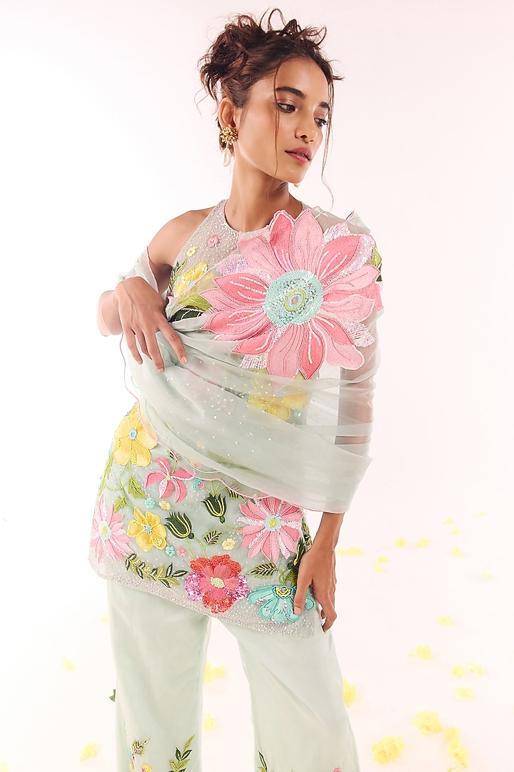 Powder Blue Organza Hand Embroidered Kurta Set by Show Shaa at Pernia's Pop Up Shop