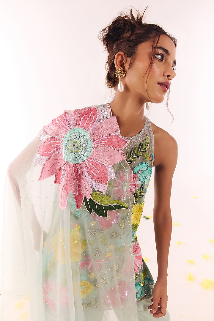 Powder Blue Organza Hand Embroidered Kurta Set by Show Shaa at Pernia's Pop Up Shop