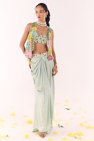 Powder Blue Satin Draped Skirt Set by Show Shaa