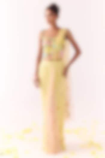 Yellow Net & Georgette Sequins Draped Wedding Saree Set by Show Shaa at Pernia's Pop Up Shop