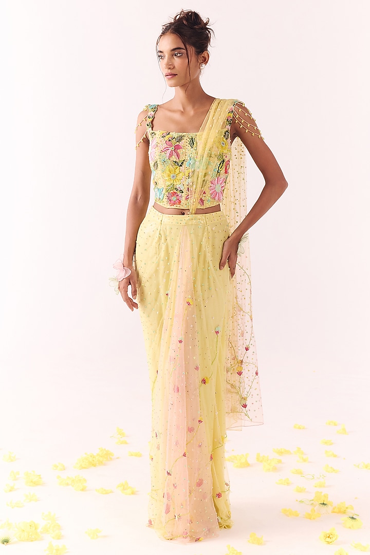 Yellow Net & Georgette Sequins Draped Wedding Saree Set by Show Shaa at Pernia's Pop Up Shop