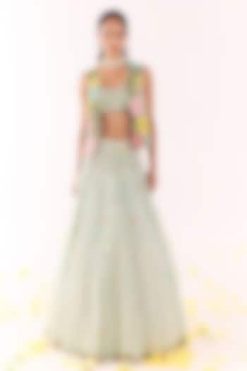 Blue Organza Embroidered Jacket Wedding Lehenga Set by Show Shaa at Pernia's Pop Up Shop