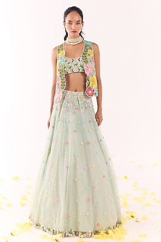 Blue Organza Embroidered Jacket Lehenga Set by Show Shaa