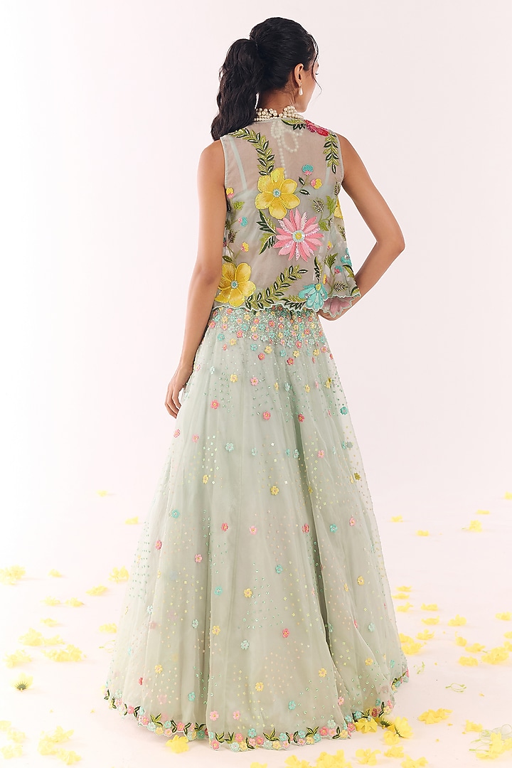 Blue Organza Embroidered Jacket Wedding Lehenga Set by Show Shaa at Pernia's Pop Up Shop