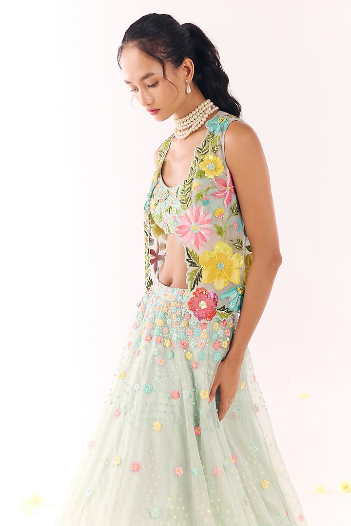 Blue Organza Embroidered Jacket Wedding Lehenga Set by Show Shaa at Pernia's Pop Up Shop
