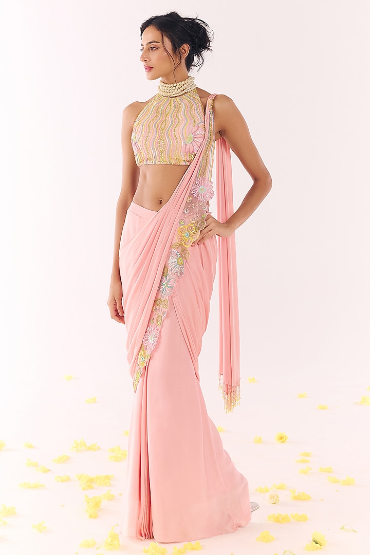 Blush Pink Satin Floral Embroidered Pre-Draped Wedding Saree Set by Show Shaa at Pernia's Pop Up Shop