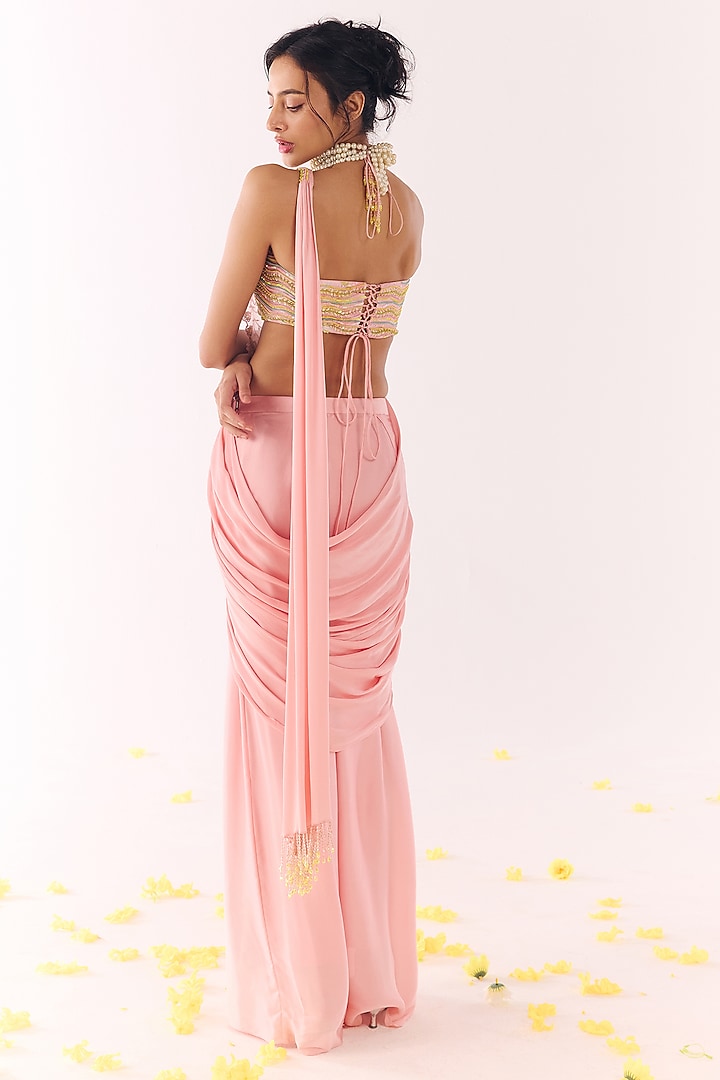 Blush Pink Satin Floral Embroidered Pre-Draped Wedding Saree Set by Show Shaa at Pernia's Pop Up Shop
