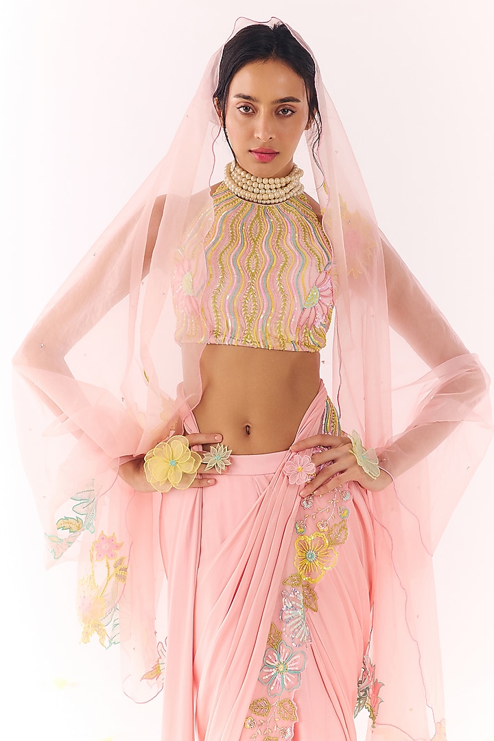 Blush Pink Satin Floral Embroidered Pre-Draped Wedding Saree Set by Show Shaa at Pernia's Pop Up Shop