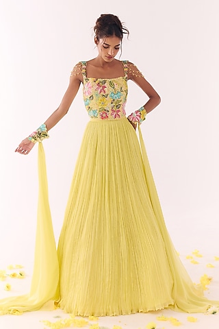Yellow Chiffon Ruched Skirt Set by Show Shaa