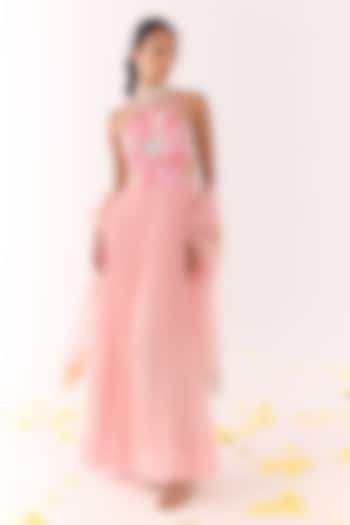 Blush Pink Net & Chiffon Hand Embroidered Ruched Wedding Anarkali Set by Show Shaa at Pernia's Pop Up Shop