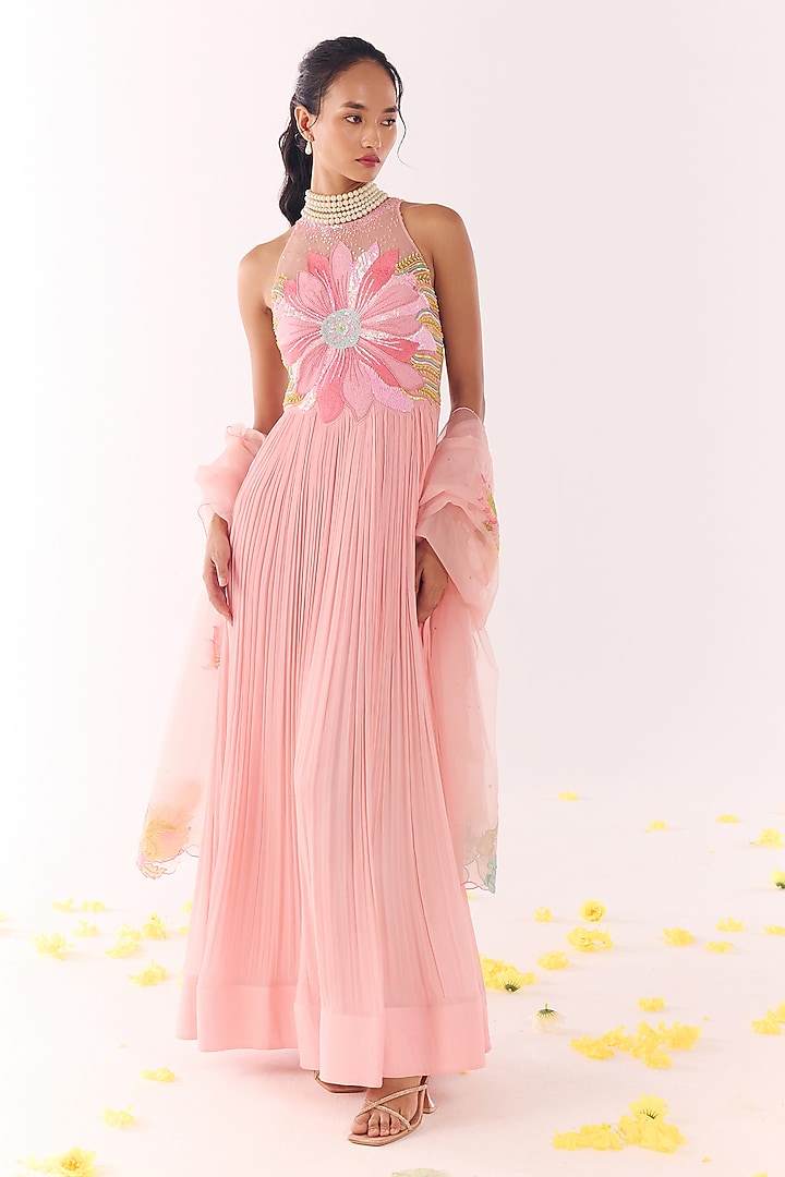 Blush Pink Net & Chiffon Hand Embroidered Ruched Wedding Anarkali Set by Show Shaa at Pernia's Pop Up Shop