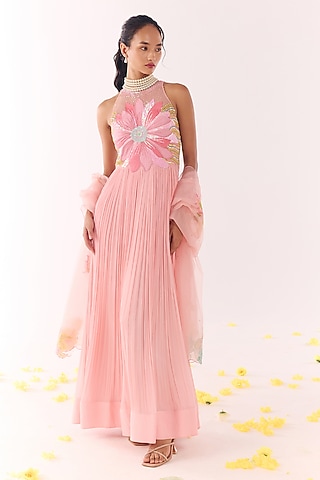 Blush Pink Net & Chiffon Hand Embroidered Ruched Anarkali Set by Show Shaa
