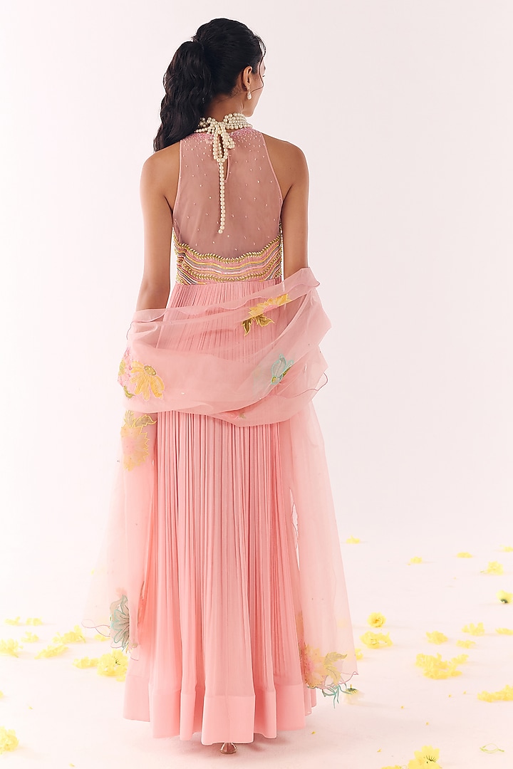 Blush Pink Net & Chiffon Hand Embroidered Ruched Wedding Anarkali Set by Show Shaa at Pernia's Pop Up Shop