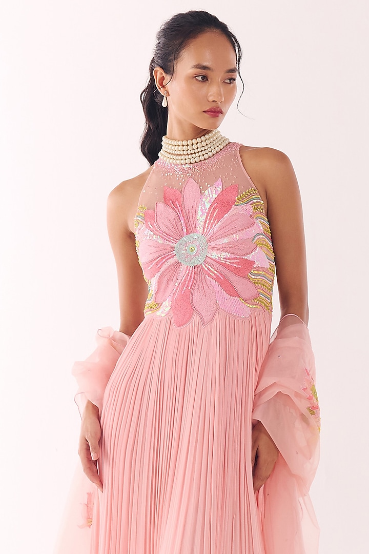 Blush Pink Net & Chiffon Hand Embroidered Ruched Wedding Anarkali Set by Show Shaa at Pernia's Pop Up Shop