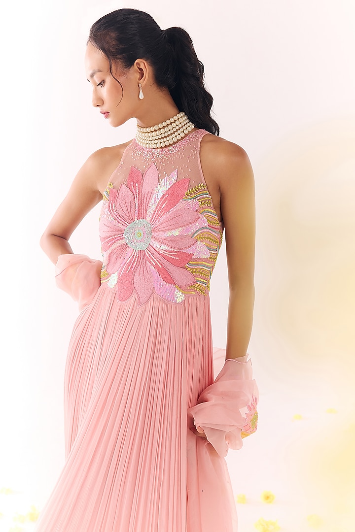 Blush Pink Net & Chiffon Hand Embroidered Ruched Wedding Anarkali Set by Show Shaa at Pernia's Pop Up Shop