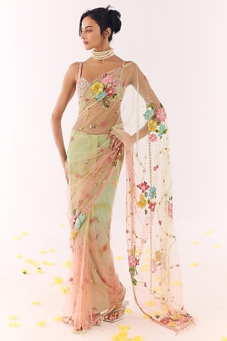 Multi-Colored Net Hand Embroidered Saree Set by Show Shaa