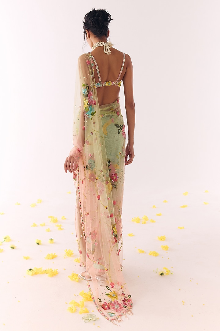 Multi-Colored Net Hand Embroidered Reception Saree Set by Show Shaa at Pernia's Pop Up Shop