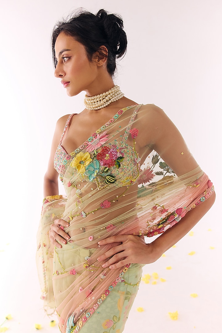 Multi-Colored Net Hand Embroidered Reception Saree Set by Show Shaa at Pernia's Pop Up Shop