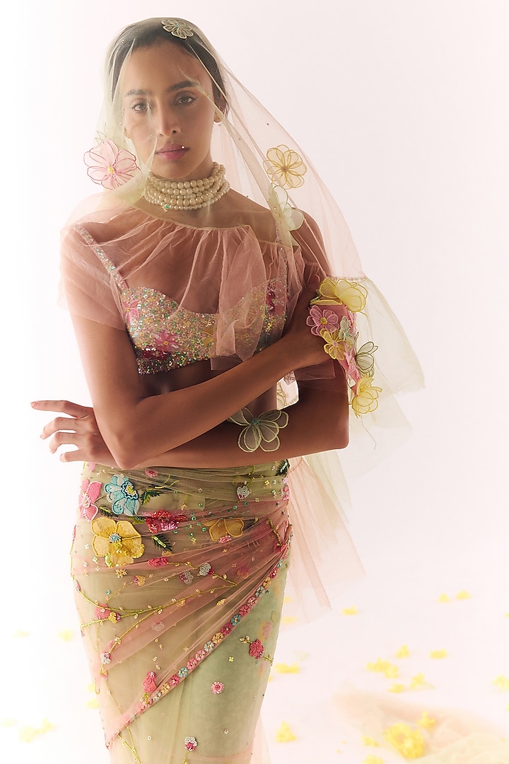 Multi-Colored Net Hand Embroidered Reception Saree Set by Show Shaa at Pernia's Pop Up Shop