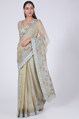 Mint Green Floral Embroidered Saree Set by Show Shaa