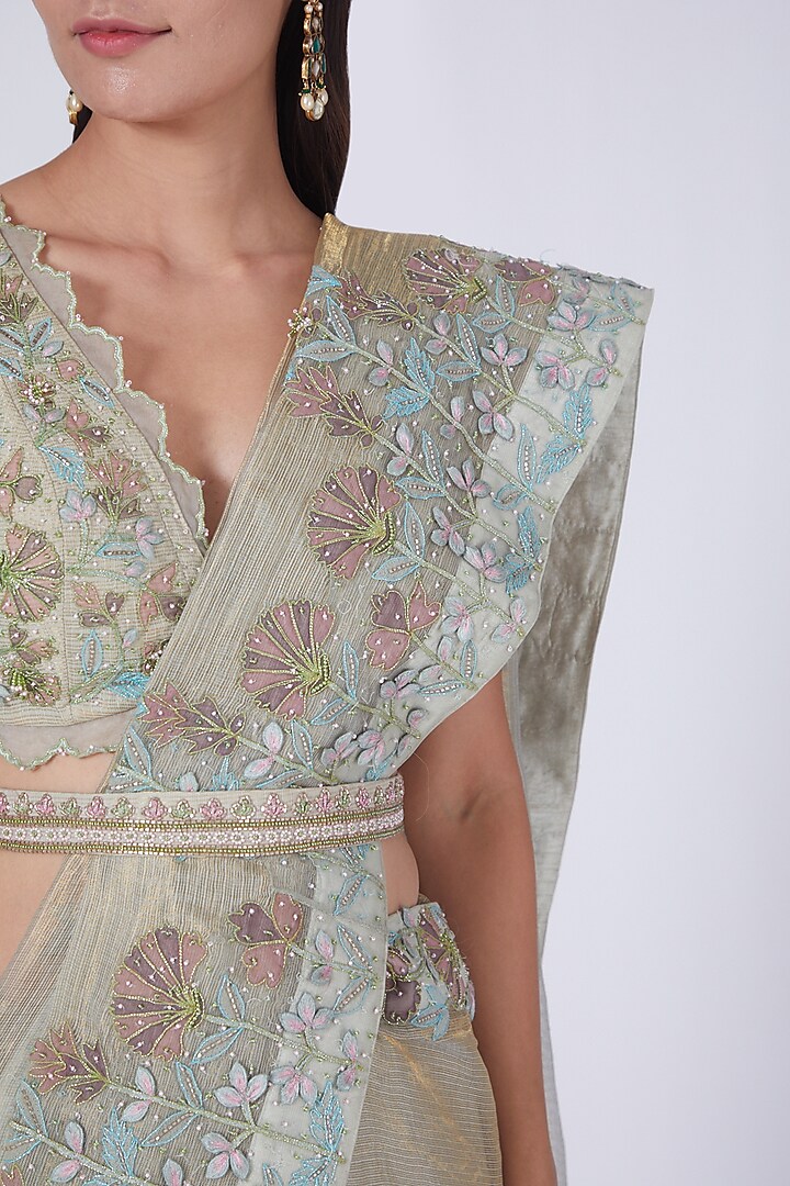 Mint Green Floral Embroidered Wedding Saree Set by Show Shaa at Pernia's Pop Up Shop
