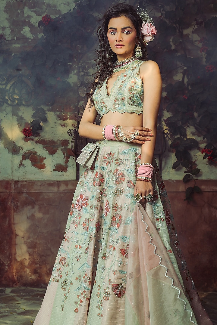 Mint Green & Peach Kota Doria Embroidered Wedding Lehenga Set by Show Shaa at Pernia's Pop Up Shop