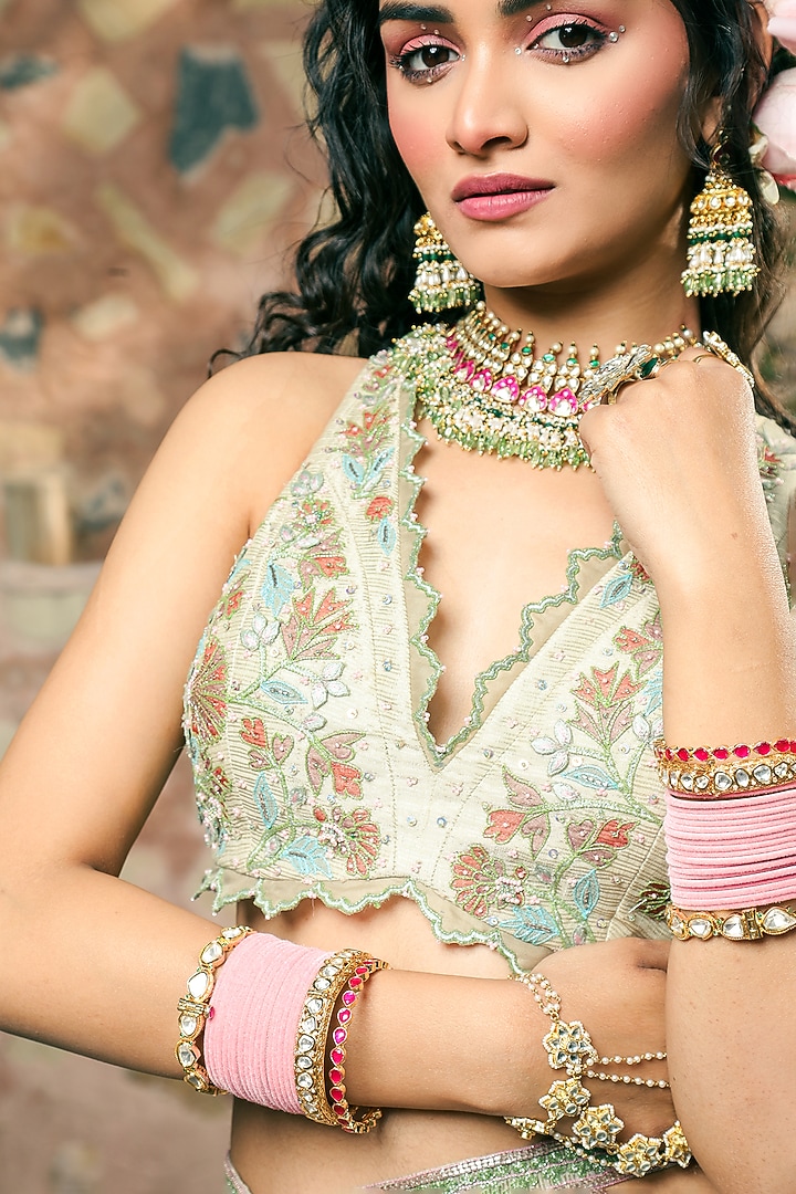 Mint Green & Peach Kota Doria Embroidered Wedding Lehenga Set by Show Shaa at Pernia's Pop Up Shop