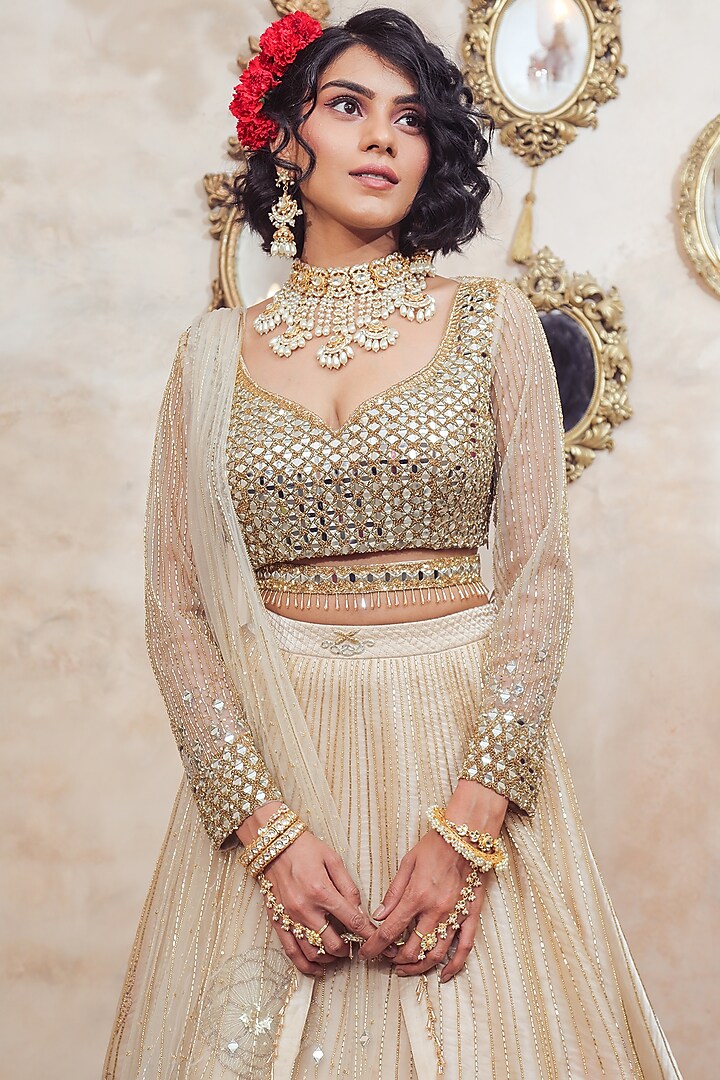 Ivory Organza Embroidered Wedding Lehenga Set by Show Shaa at Pernia's Pop Up Shop
