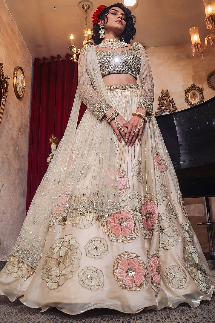 Ivory Organza Embroidered Lehenga Set Design by Show Shaa at