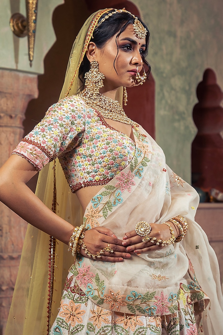 Ivory Raw Silk Embroidered Wedding Lehenga Set by Show Shaa at Pernia's Pop Up Shop