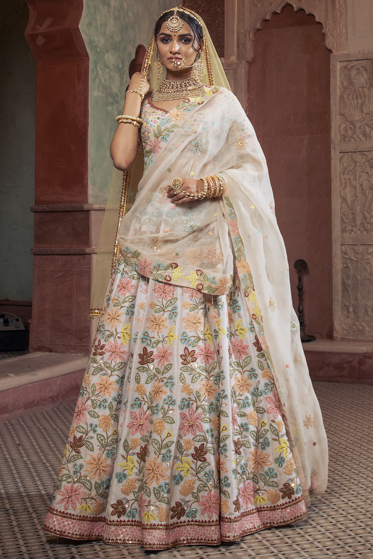 Ivory Raw Silk Embroidered Lehenga Set by Show Shaa