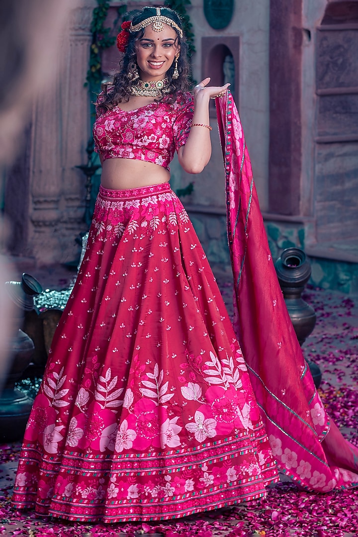 Maroon & Hot Pink Satin Embroidered Wedding Lehenga Set by Show Shaa at Pernia's Pop Up Shop