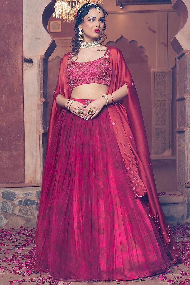 Maroon Net & Satin Printed Jacket Lehenga Set by Show Shaa