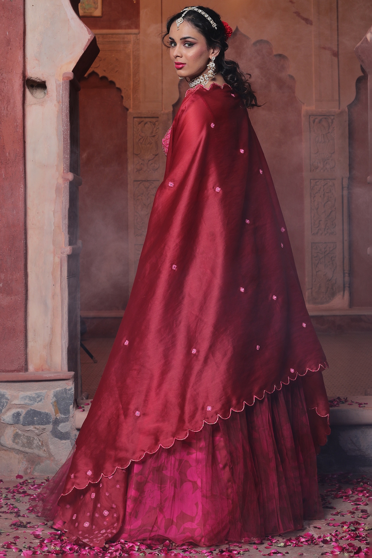 Satin Fabric Maroon Color Embellished Lehenga & Choli with Net Dupatta in  Sequence Work